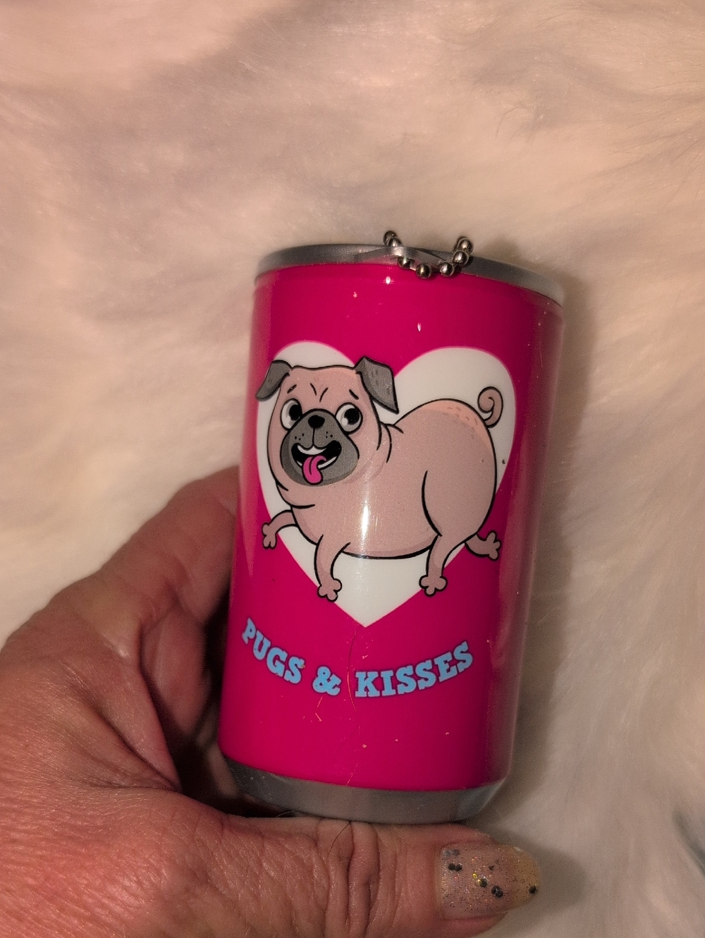 Pugs & Kisses Pink Can With Wet Wipes In The Can Keychain